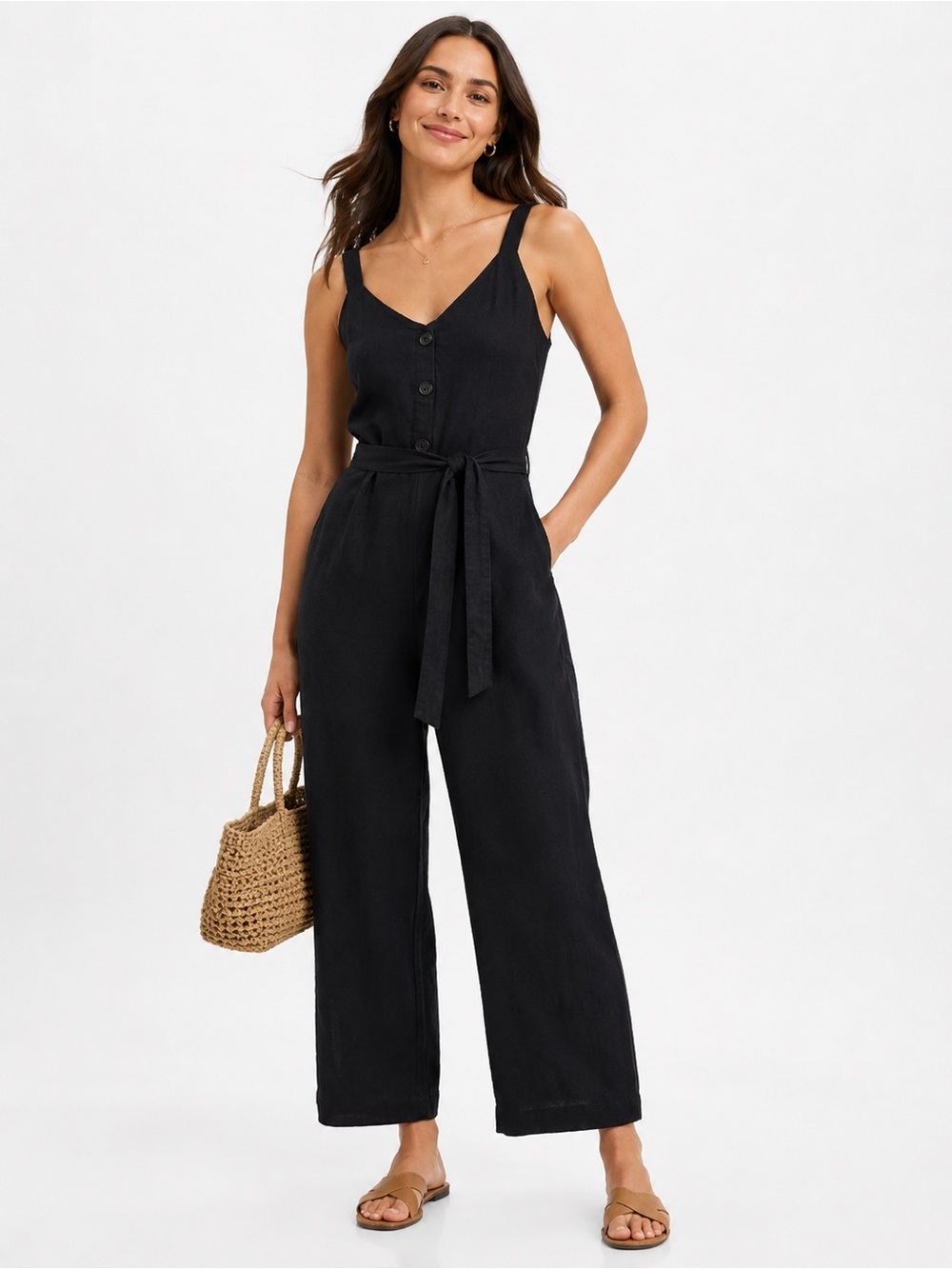 GAP Black Linen Blend Wide Leg Crop Jumpsuit Tie Waist Button Front Size 10